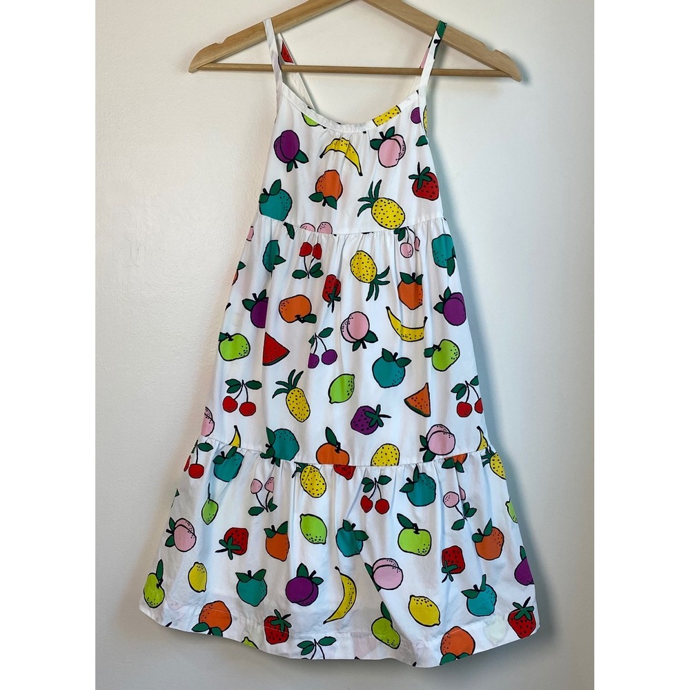 Hanna Andersson Fruit Print Tiered Dress Girls 6-7 White Cotton Sundress Summer